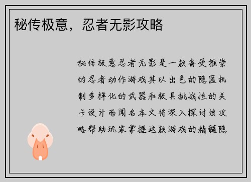 秘传极意，忍者无影攻略