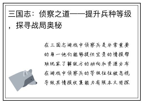 三国志：侦察之道——提升兵种等级，探寻战局奥秘