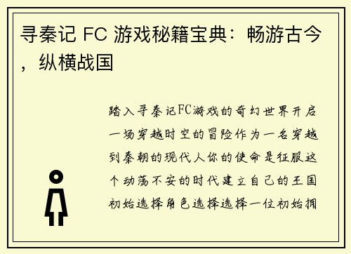 寻秦记 FC 游戏秘籍宝典：畅游古今，纵横战国
