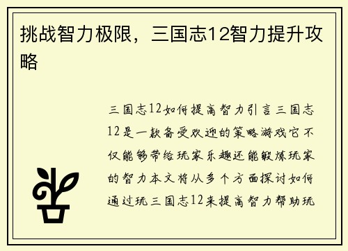 挑战智力极限，三国志12智力提升攻略