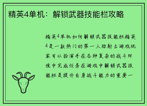 精英4单机：解锁武器技能栏攻略
